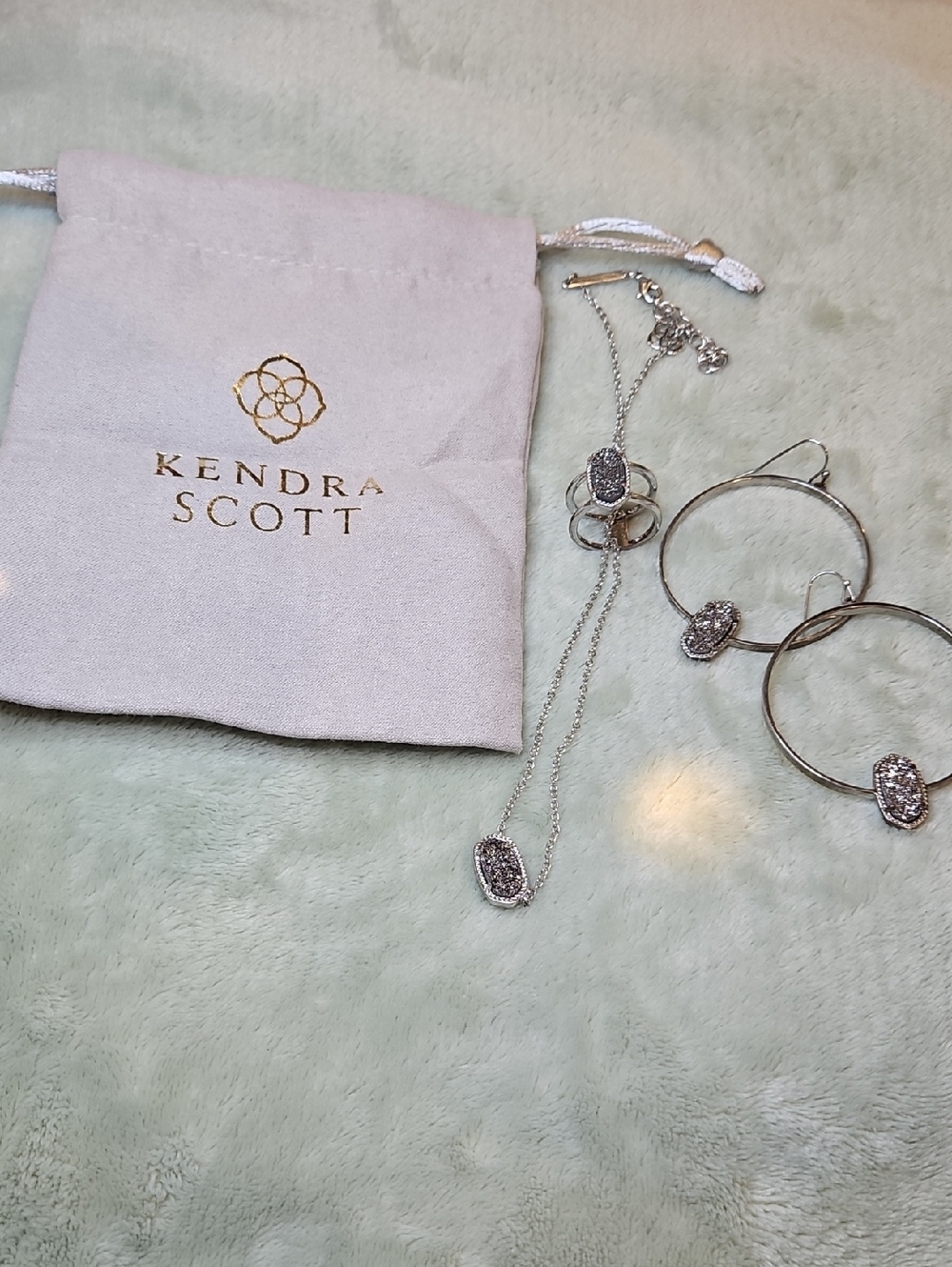 ELSA  Drusy SET Hoop Earrings with Silver Drusy Necklace/Ear Rings/ RING